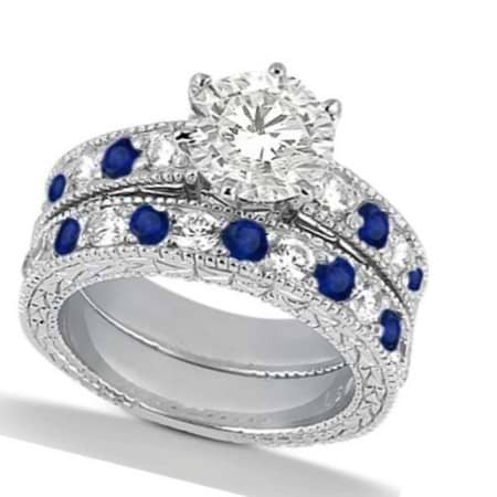 Diamond & Blue Sapphire Vintage Bridal Set 14k White Gold (2.80ct)