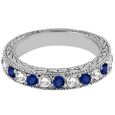 Antique Diamond & Blue Sapphire Wedding Ring 14kt White Gold (1.05ct)