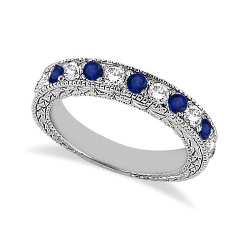 Antique Diamond & Blue Sapphire Wedding Ring 18kt White Gold (1.05ct)