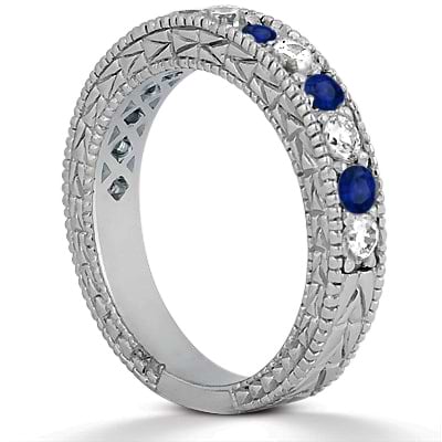 Antique Diamond & Blue Sapphire Wedding Ring 18kt White Gold (1.05ct)