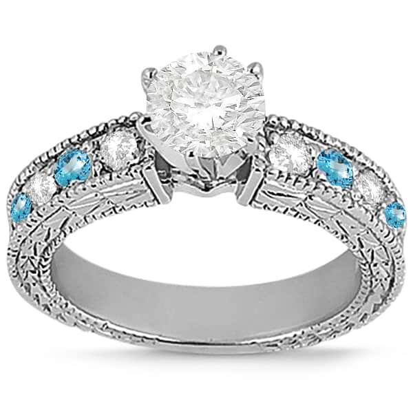 Antique Diamond & Blue Topaz Engagement Ring 14k White Gold (0.75ct)