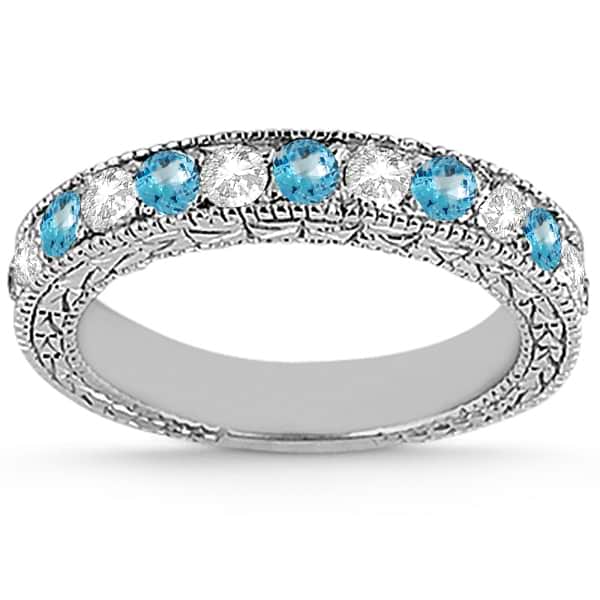 Antique Diamond & Blue Topaz Wedding Ring 14kt White Gold (1.05ct)