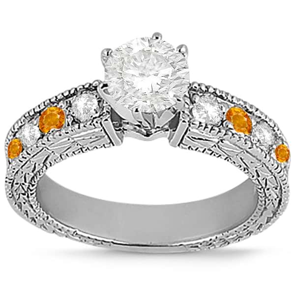 Antique Diamond & Citrine Engagement Ring 14k White Gold (0.75ct)