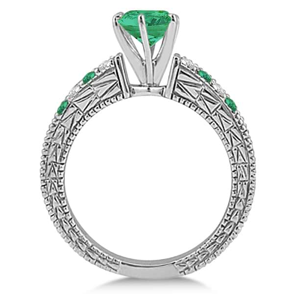 Diamond & Emerald Vintage Engagement Ring in 14k White Gold (1.75ct)