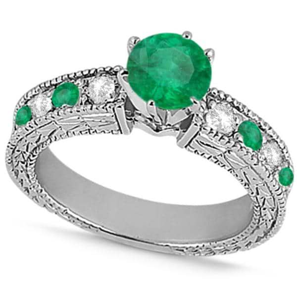 Diamond & Emerald Vintage Engagement Ring in 18k White Gold (1.75ct)