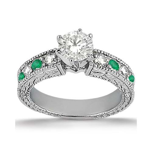 Antique Diamond & Emerald Engagement Ring 14k White Gold (0.72ct)
