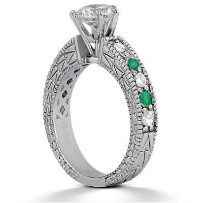 Antique Diamond & Emerald Engagement Ring 18k White Gold (0.72ct)