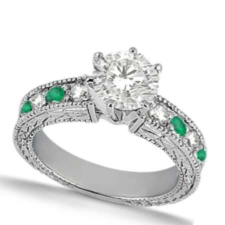 Emerald & Diamond Vintage Engagement Ring 14k White Gold (1.50ct)
