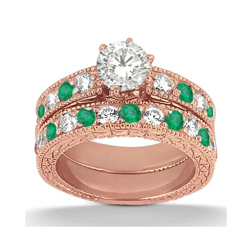 Antique Diamond & Emerald Bridal Set 14k Rose Gold (1.75ct)