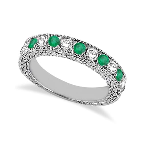 Antique Diamond & Emerald Wedding Ring 14kt White Gold (1.03ct)