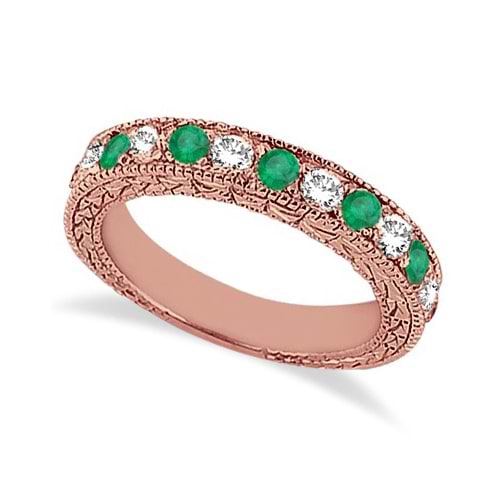 Antique Diamond & Emerald Wedding Ring 18kt Rose Gold (1.03ct)