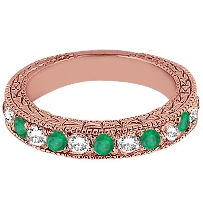 Antique Diamond & Emerald Wedding Ring 18kt Rose Gold (1.03ct)