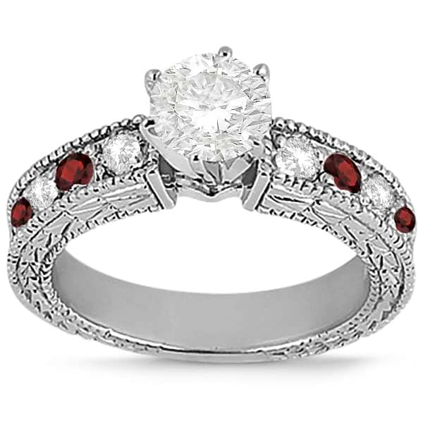 Antique Diamond & Garnet Engagement Ring 14k White Gold (0.75ct)