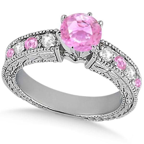 Diamond & Pink Sapphire Vintage Engagement Ring in 14k White Gold (1.75ct)