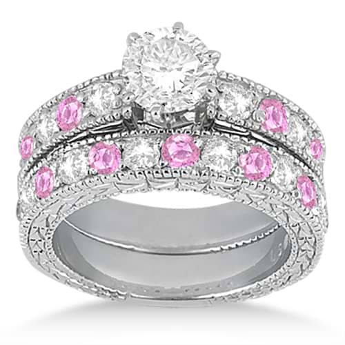Antique Diamond & Pink Sapphire Bridal Set Platinum (1.80ct)
