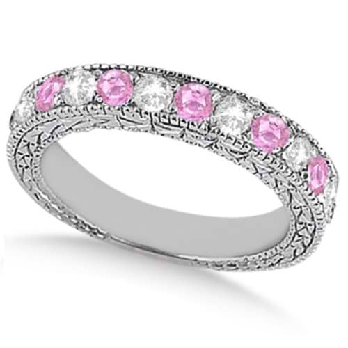 Antique Pink Sapphire and Diamond Wedding Ring 14kt White Gold (1.05ct)