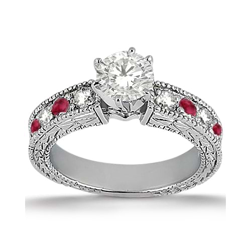Antique Diamond & Ruby Engagement Ring 14k White Gold (0.75ct)