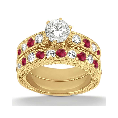Antique Diamond & Ruby Bridal Set 18k Yellow Gold (1.80ct)
