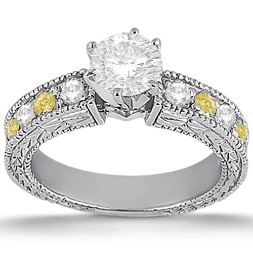 White & Yellow Diamond Vintage Engagement Ring 14k White Gold 0.70ct