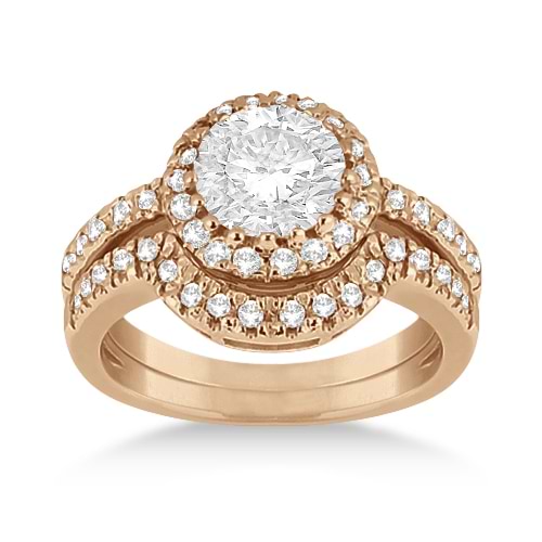 Halo Engagement Ring & Matching Wedding Band 18k Rose Gold (0.55ct)