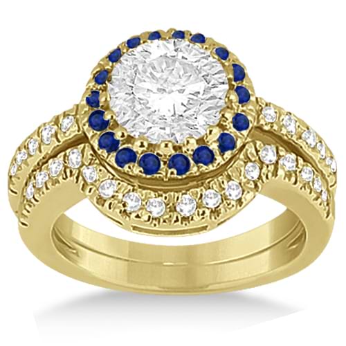 Halo Blue Sapphire & Diamond Bridal Set 14k Yellow Gold (0.65ct)