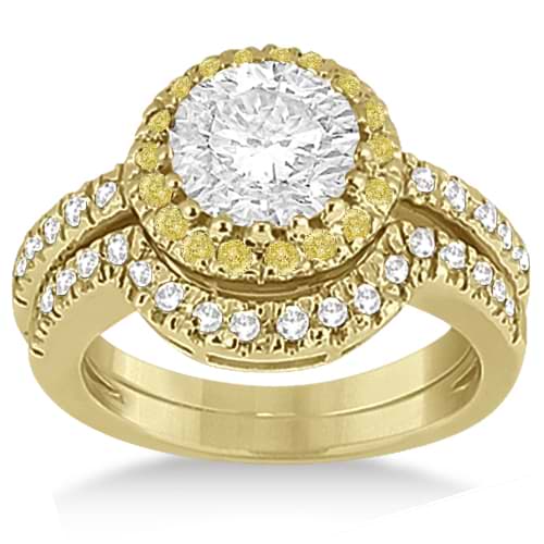 Halo Yellow Diamond Engagement Ring Bridal Set 14k Yellow Gold (0.51ct)