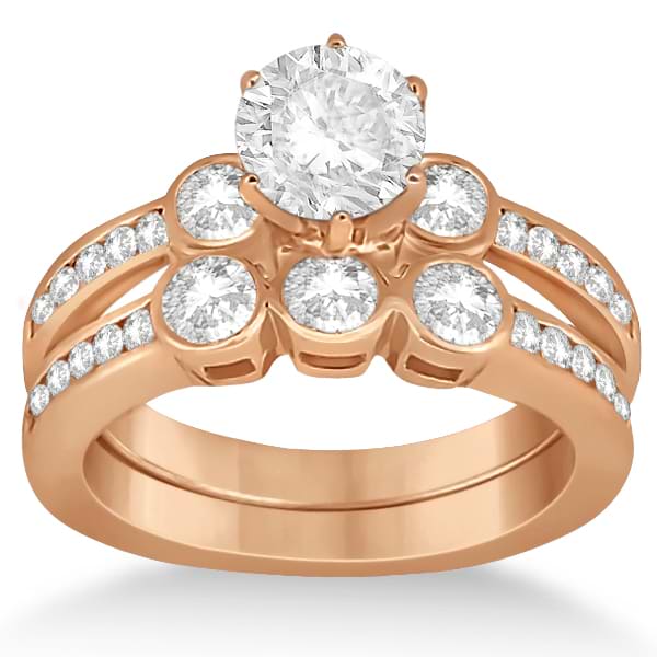3 Stone Bezel Set Diamond Ring & Band Bridal Set 14k Rose Gold (1.08ct)