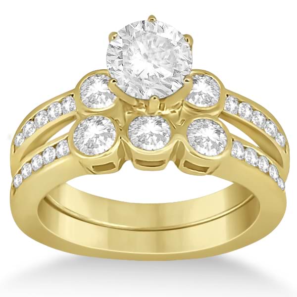 3 Stone Bezel Set Diamond Ring & Band Bridal Set 14k Y. Gold (1.08ct)