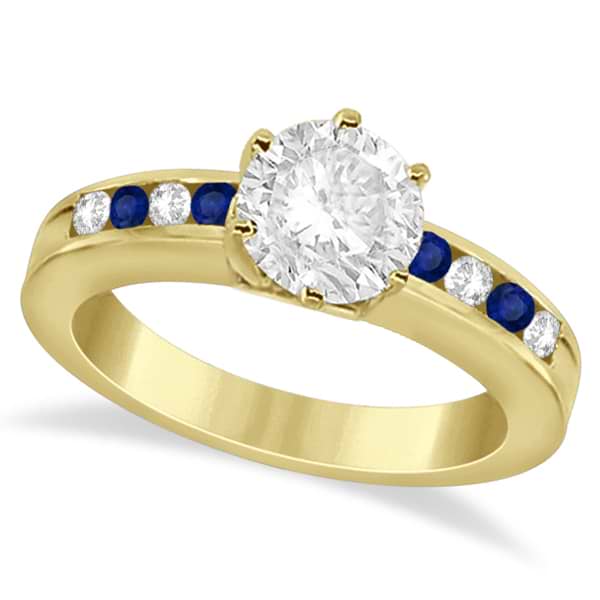 Channel Diamond & Blue Sapphire Engagement Ring 18K Y Gold (0.40ct)