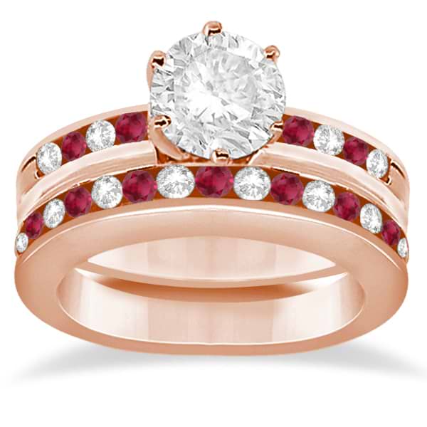 Semi-Eternity Ruby Gemstone & Diamond Bridal Set 14K Rose Gold 0.96ct