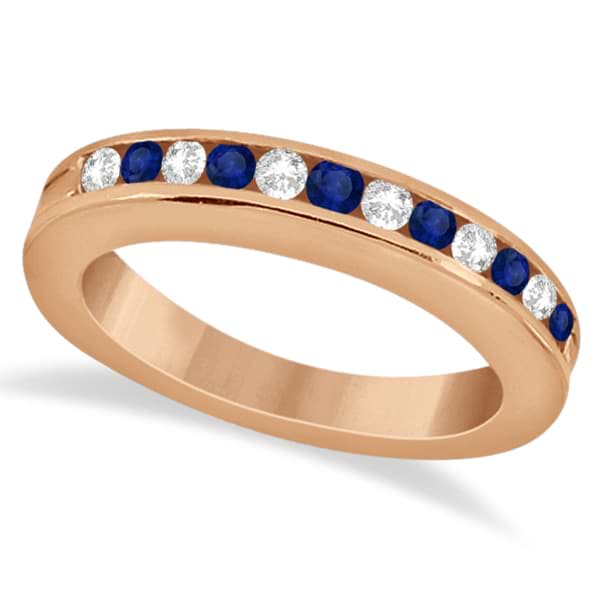 Semi-Eternity Diamonds & Blue Sapphire Wedding Band 14K R. Gold 0.56ct