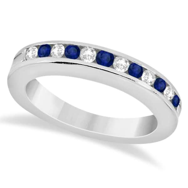 Semi-Eternity Diamonds & Blue Sapphire Wedding Band 14K W. Gold 0.56ct