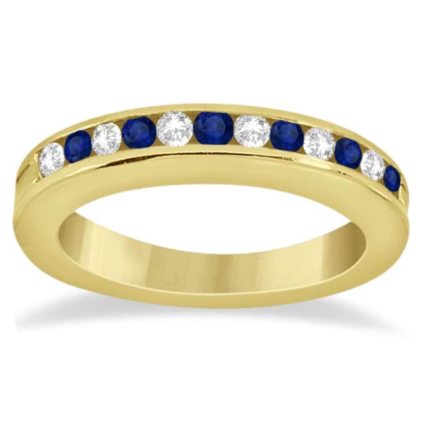 Semi-Eternity Diamonds & Blue Sapphire Wedding Band 14K Y. Gold 0.56ct
