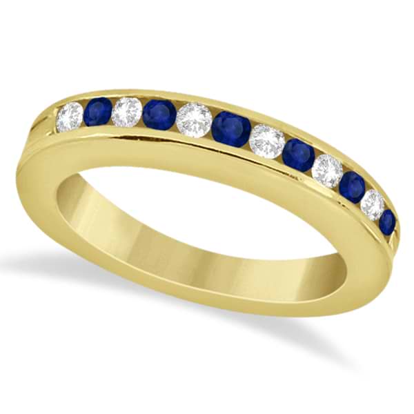 Semi-Eternity Diamonds & Blue Sapphire Wedding Band 18K Y. Gold 0.56ct