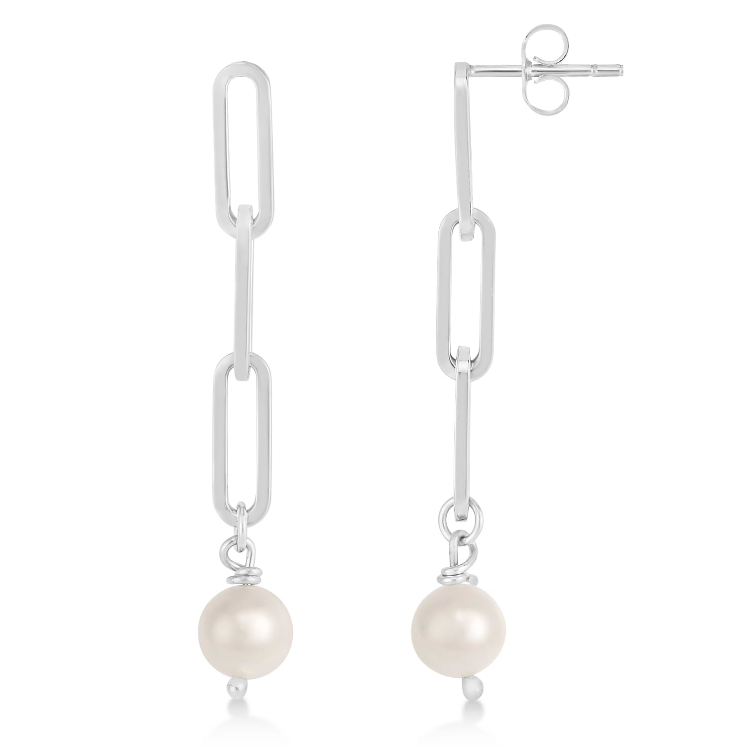 Pearl Drop Paperclip Earrings 14k White Gold