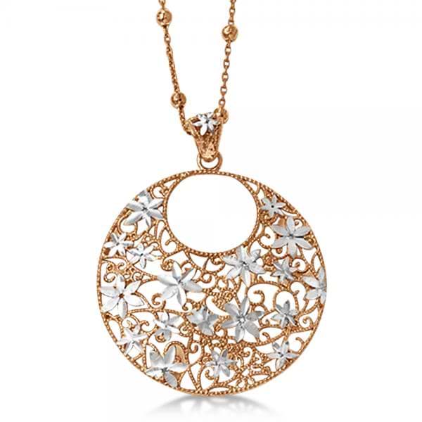 Flower Circle Fashion Pendant Necklace in Rose Plated Sterling Silver