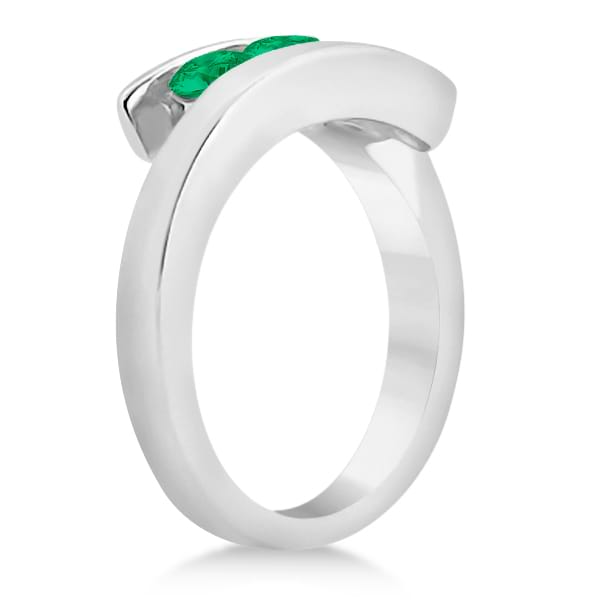Emerald Three Stone Journey Ring Tension Set in 14K White Gold 0.72ctw