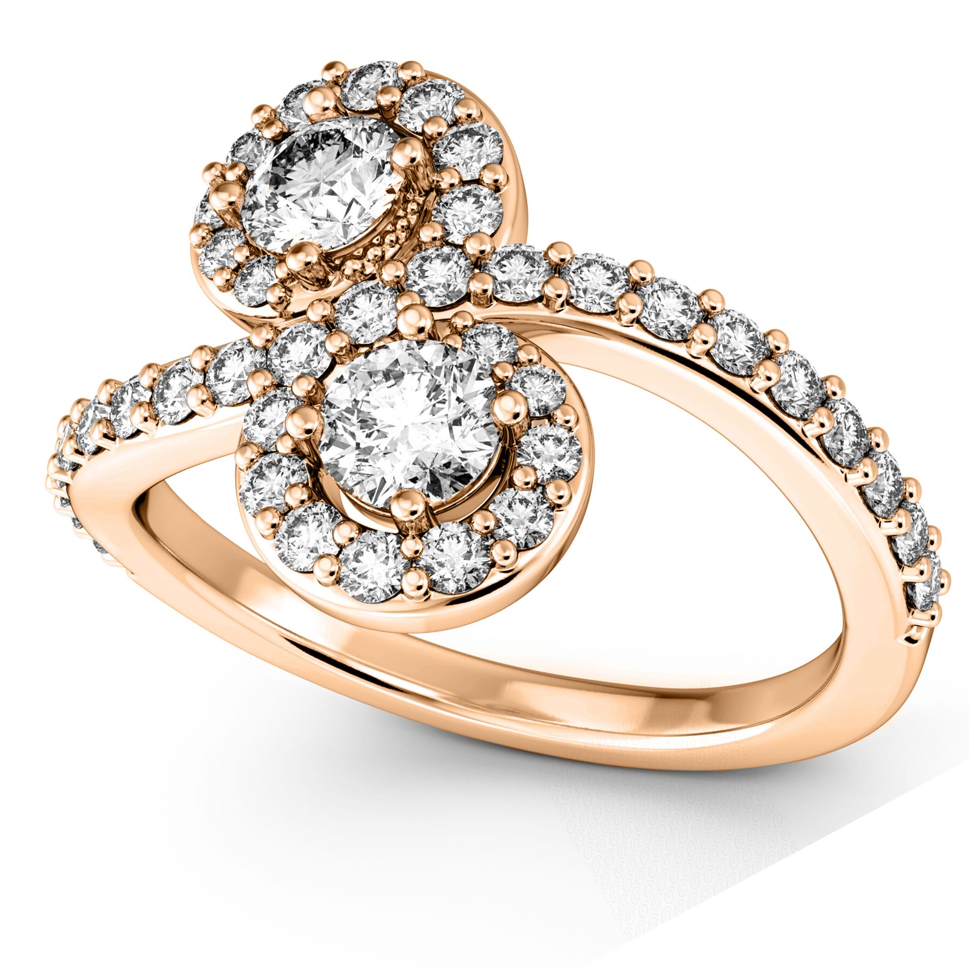 Diamond Halo Two Stone Ring Curved 14k Rose Gold (1.27ct)