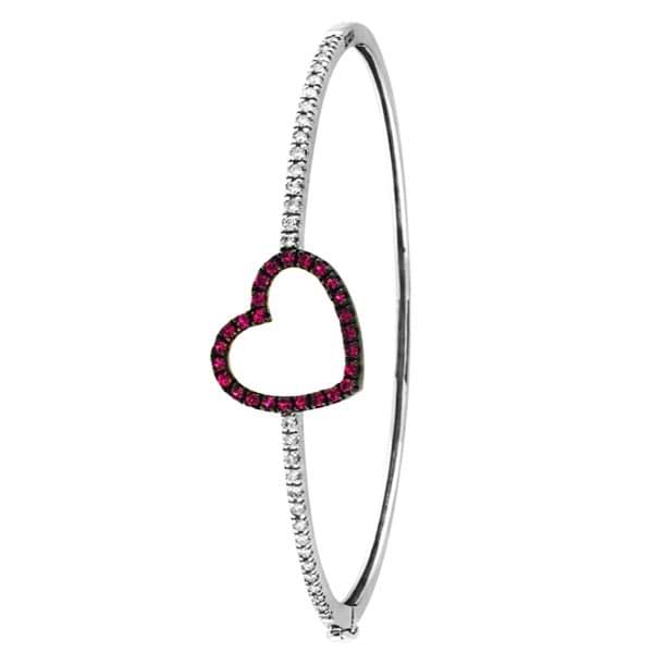 Pink Sapphire & Diamond Heart Bangle Bracelet 14k White Gold (1.00ctw)