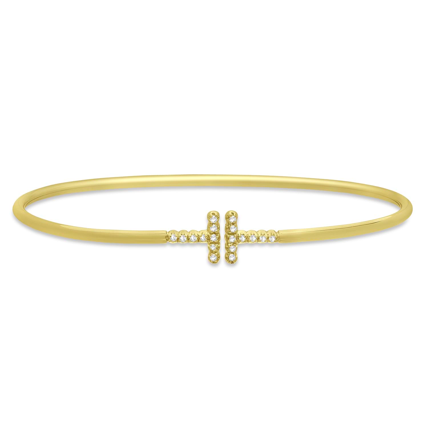 Diamond Accented T-Shape Cuff Bangle Bracelet 14k Yellow Gold (0.15ct)