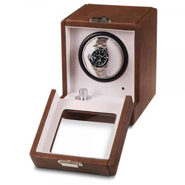 Unisex Brown Faux Crocodile Leather Suede Lining Turnable Watch Winder