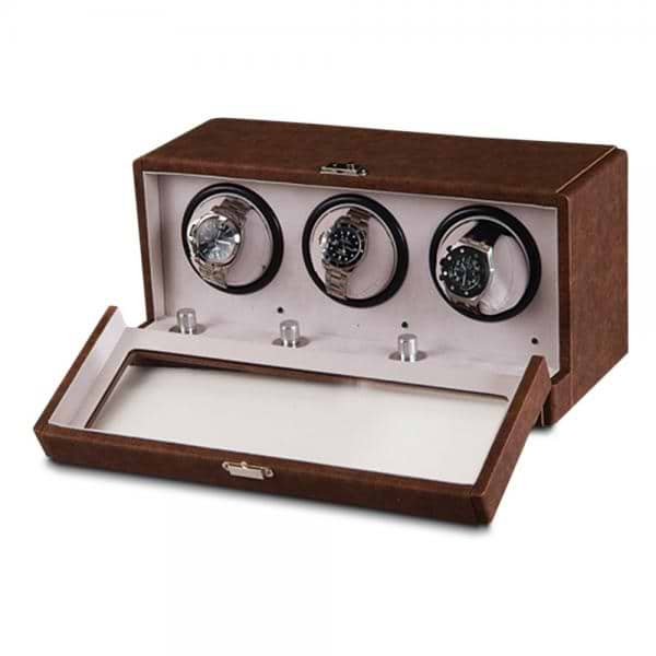 Unisex Brown Faux Leather Suede Lining Three Turnable Watch Winder