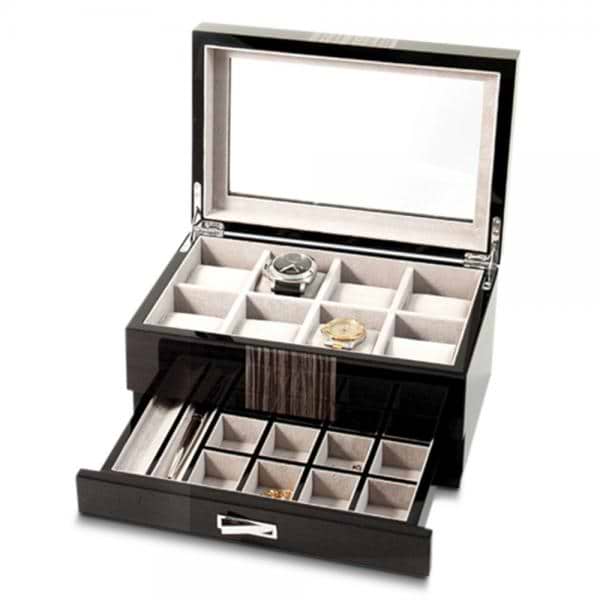 Women's Brown High Gloss Wenge Wood Finish Watch Box with Drawer