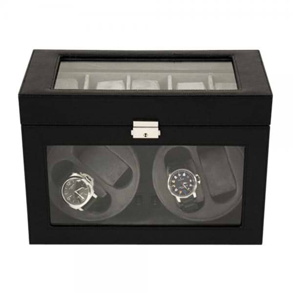 Unisex Black Leather Glass Top Velour Lining Watch Winder