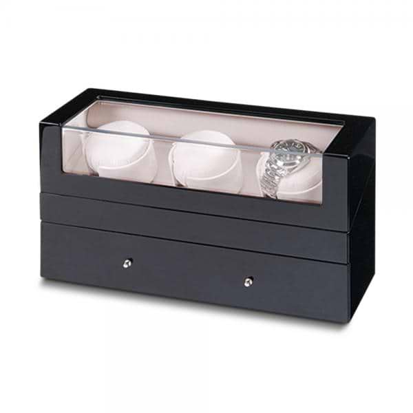 Unisex Black Gloss Finish Watch Winder for Three Watches with Drawers