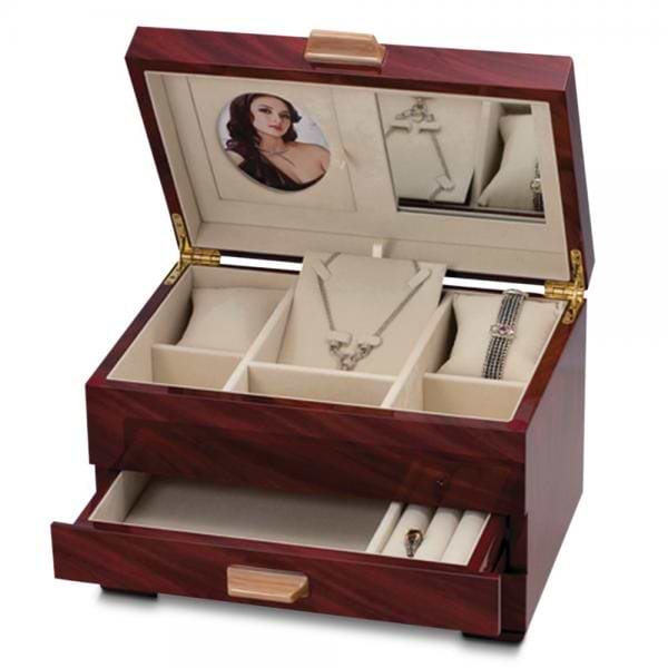 Women's Mahogany Finish Jewelry Box with Ring Rolls & Drawers