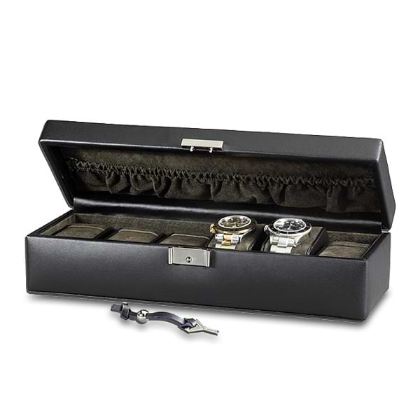 Genuine Black Leather Watch Box Holds Six Timepieces