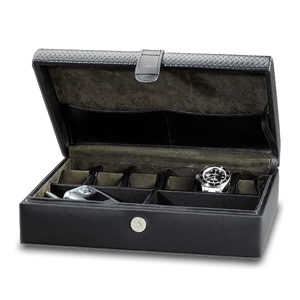 Black Leather Watch Collector Box, Jewelry Case Holds 6 Timepieces