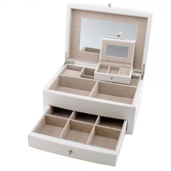 Jewelry Box White Leather Multiple Compartments w/ Travel Case