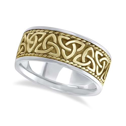 Mens Handmade Celtic Irish Wedding Ring 14k Two-Tone Gold (10mm)